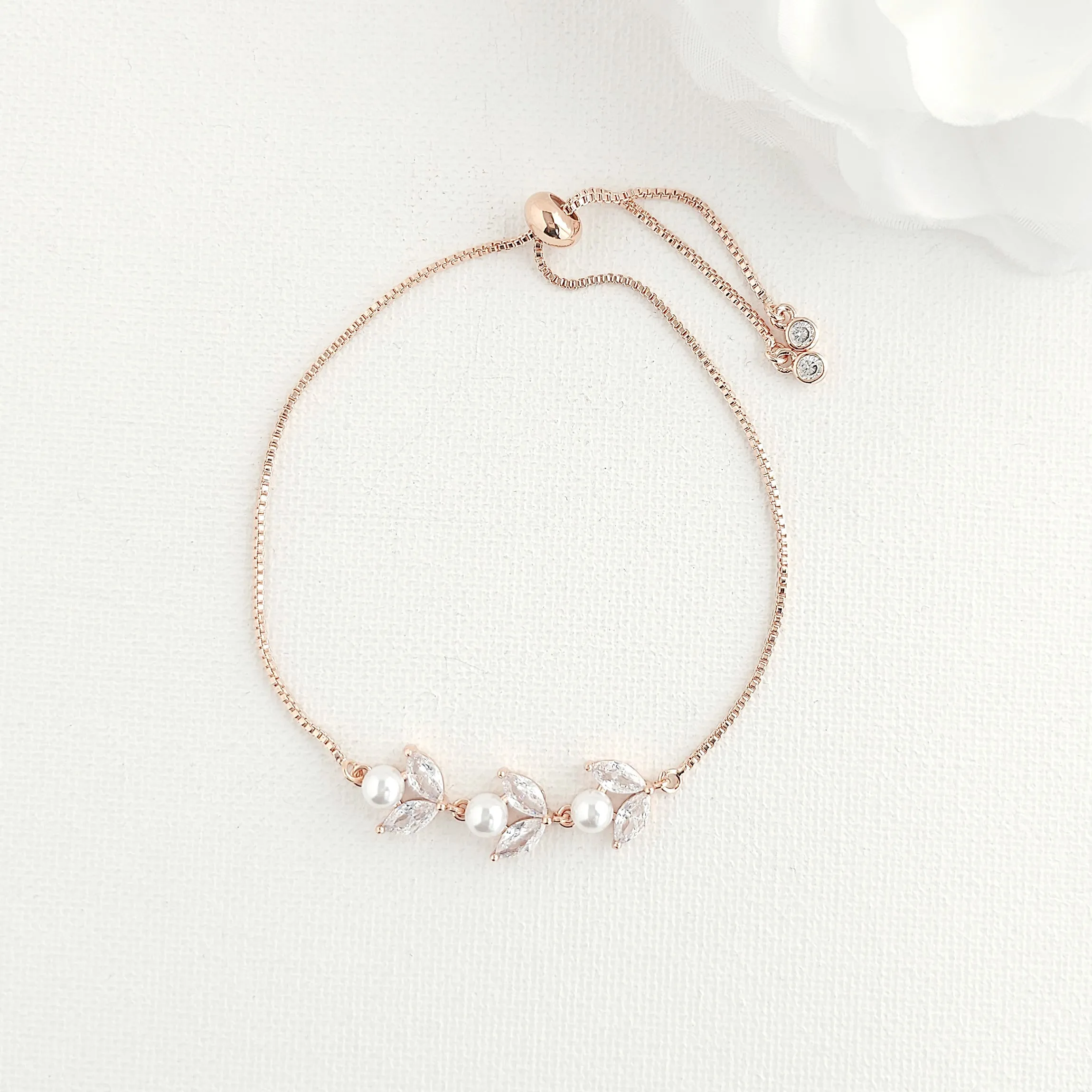 Silver CZ Leaf and Pearl Bracelet-Leila