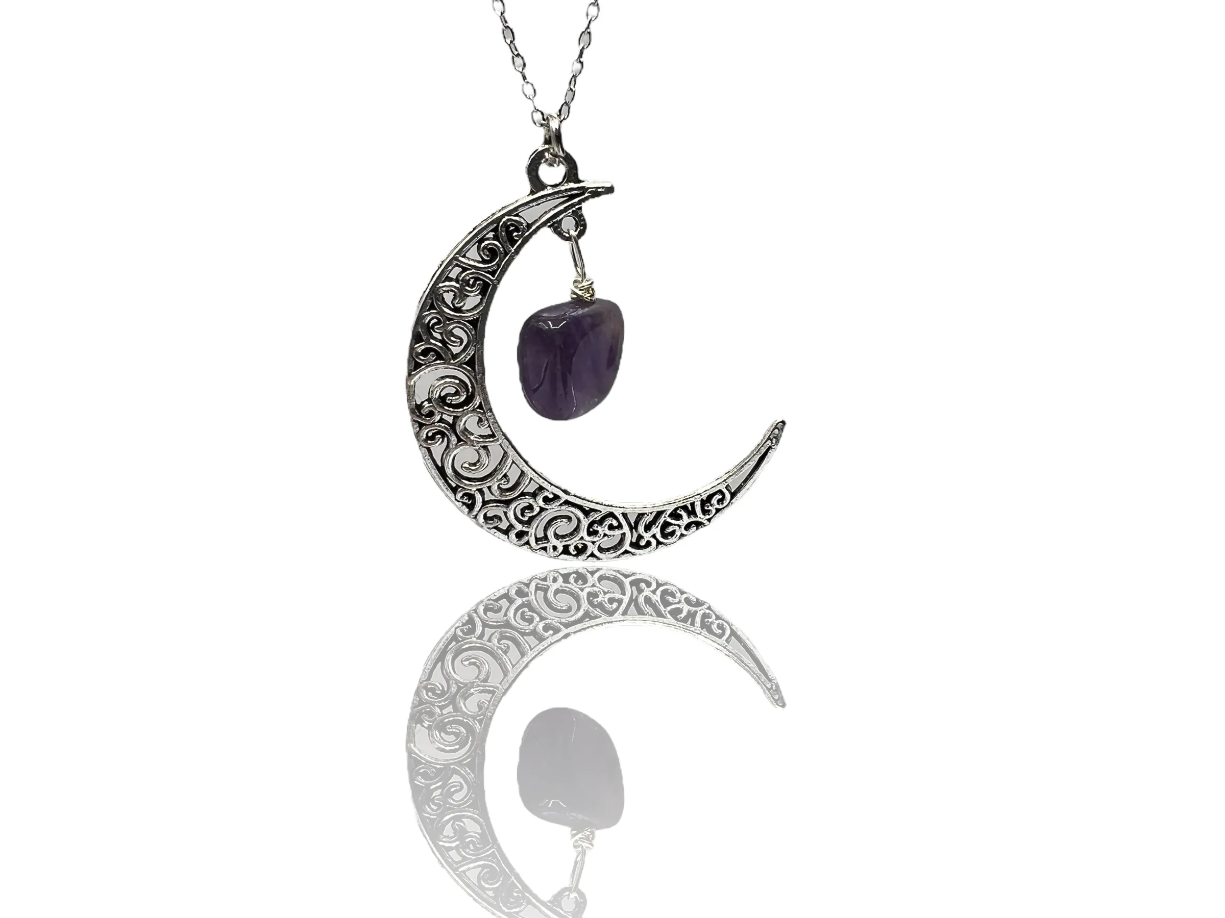 Silver Moon Necklace with Assorted Gemstones