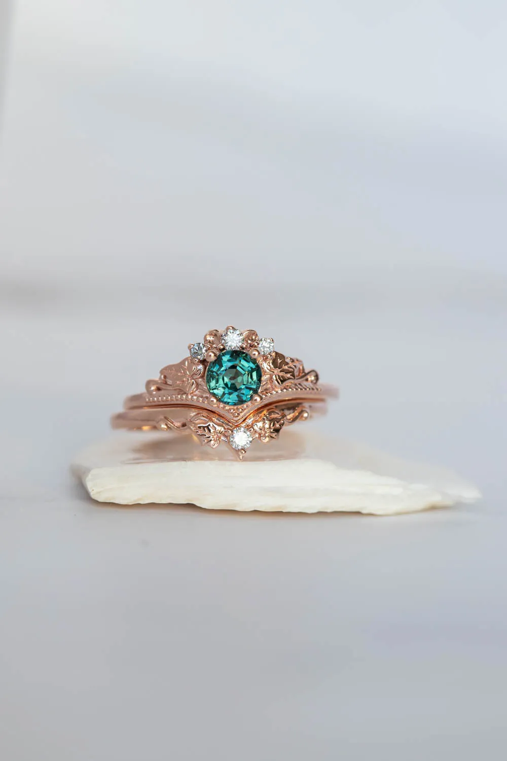 Teal sapphire bridal ring set, rose gold engagement ring with sapphire and diamonds  / Ariadne