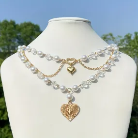 Vintage Style Multicolor Multilayer Tassel Faux Pearl Crystal Hollow Love Charm Butterfly Pendant Necklace For Girls