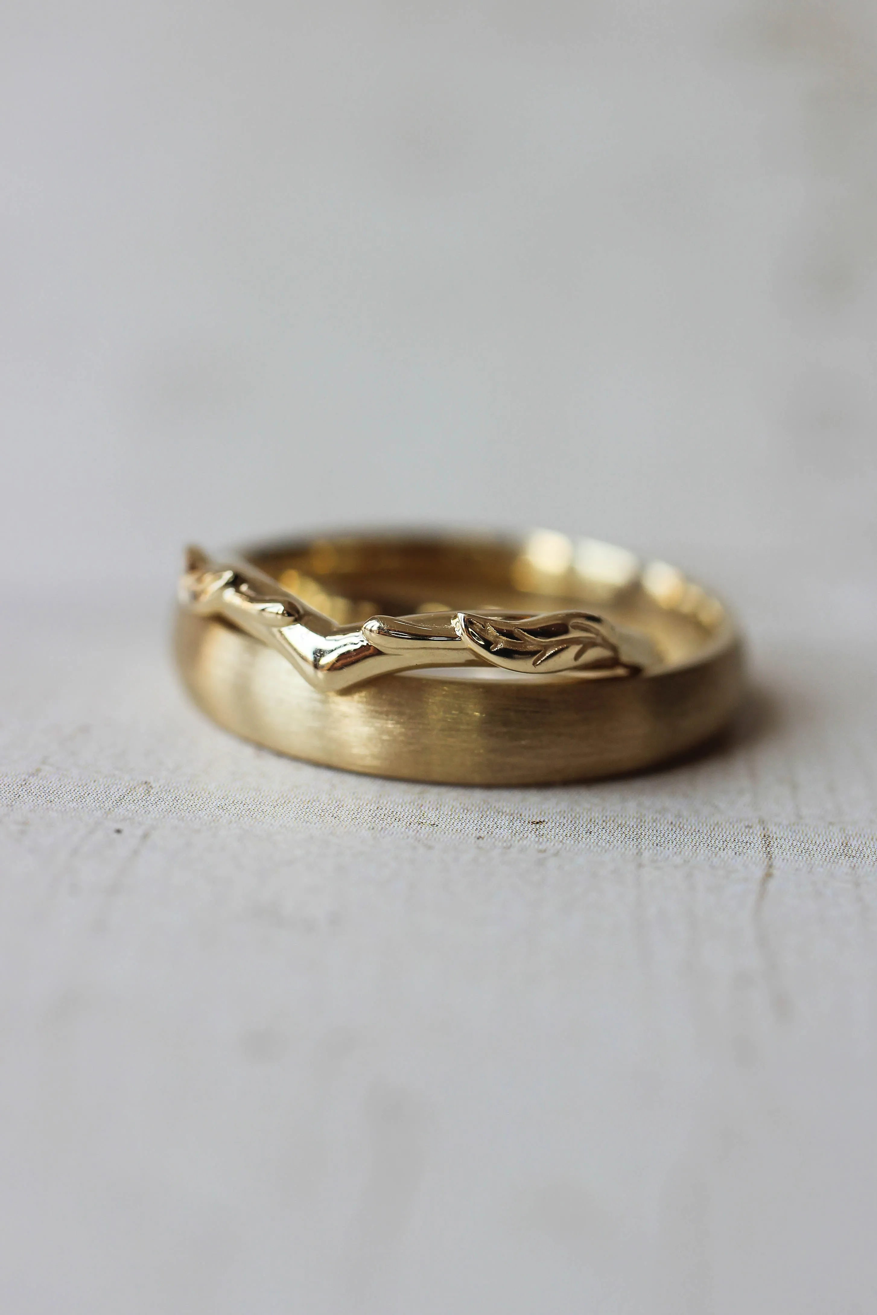Wedding bands set for couple: satin wedding band for him, Wisteria ring set with alexandrite for her