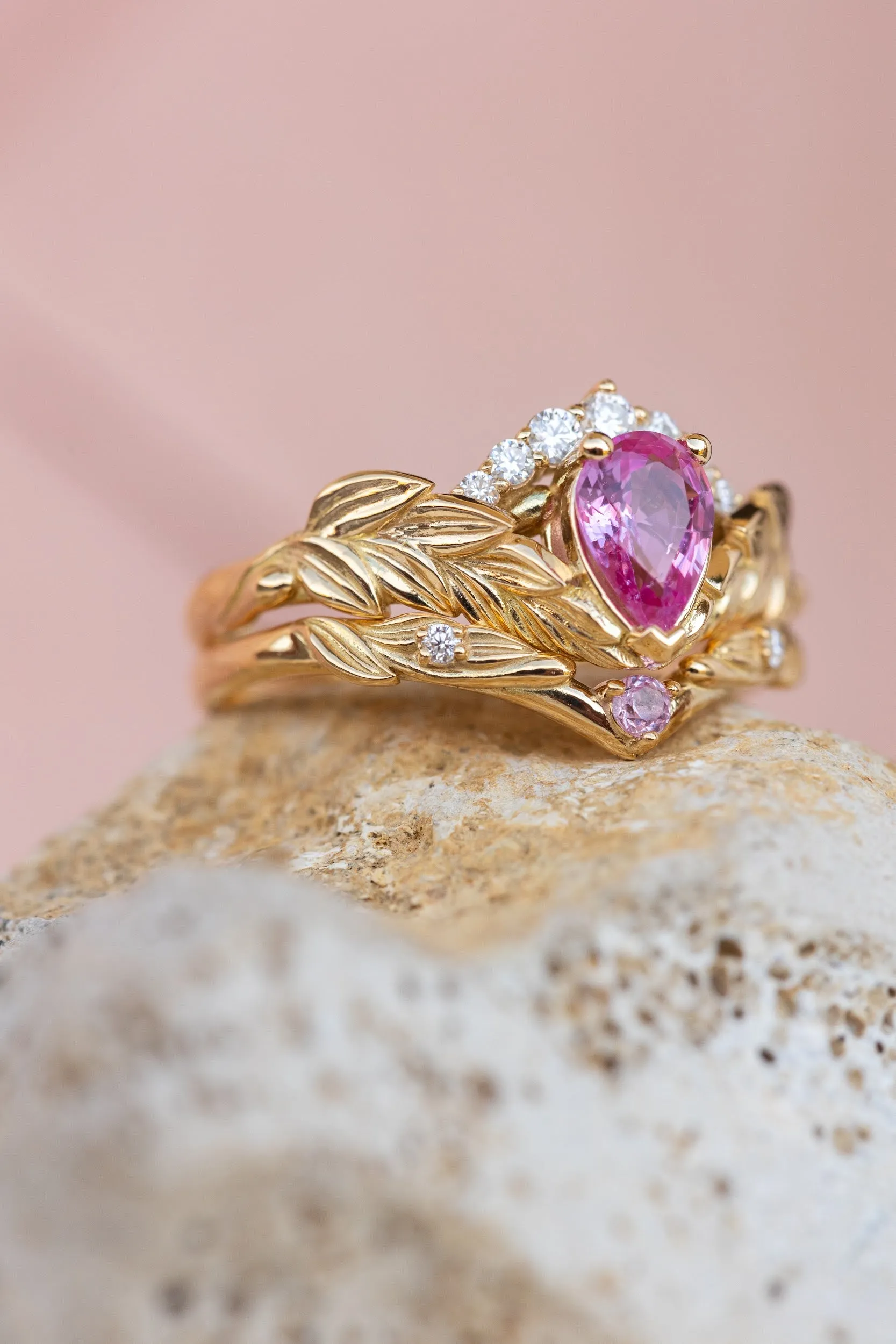 Wedding rings set for couple: palm leaf wedding band for him, Palmira crown ring set with natural pink sapphire for her
