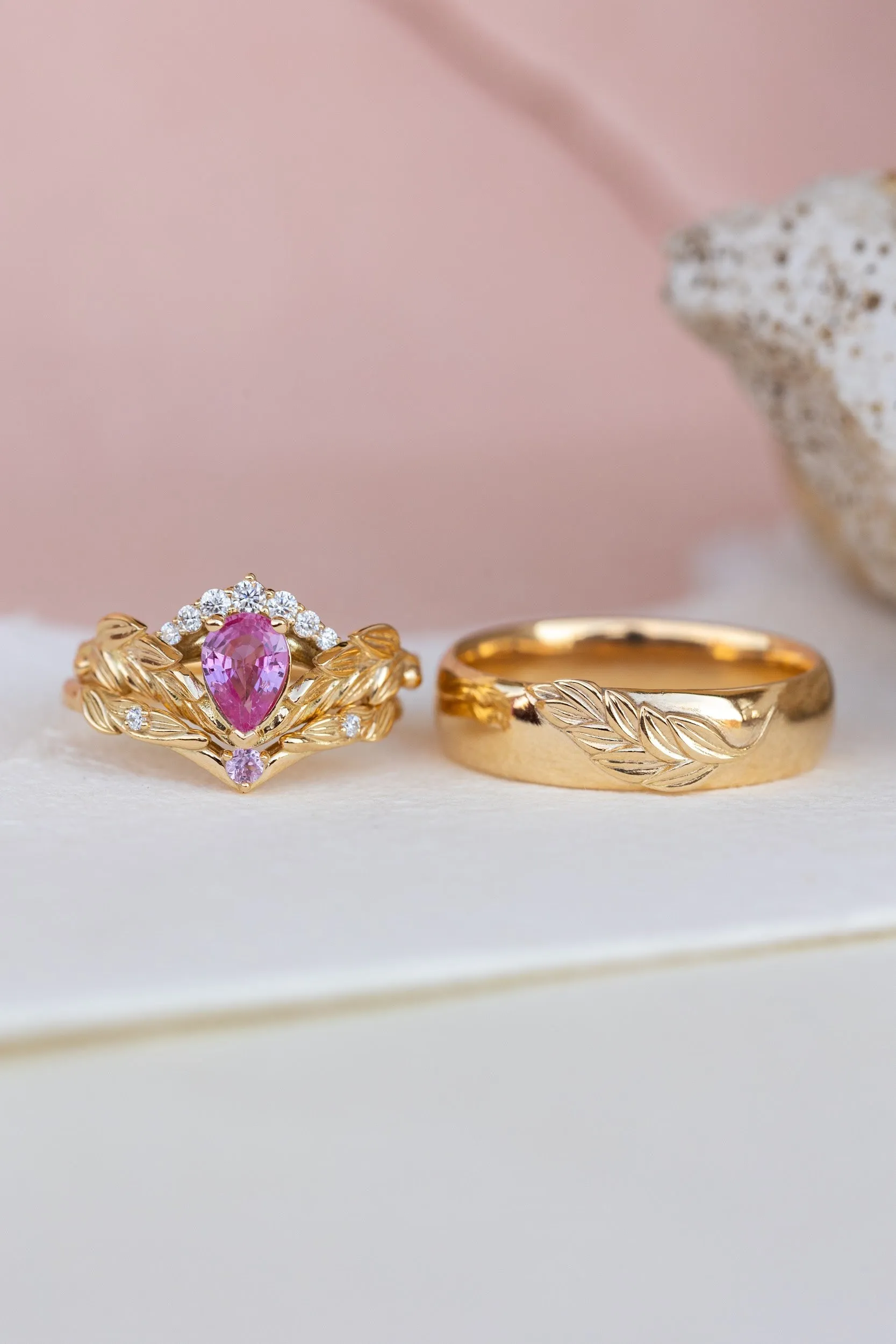 Wedding rings set for couple: palm leaf wedding band for him, Palmira crown ring set with natural pink sapphire for her