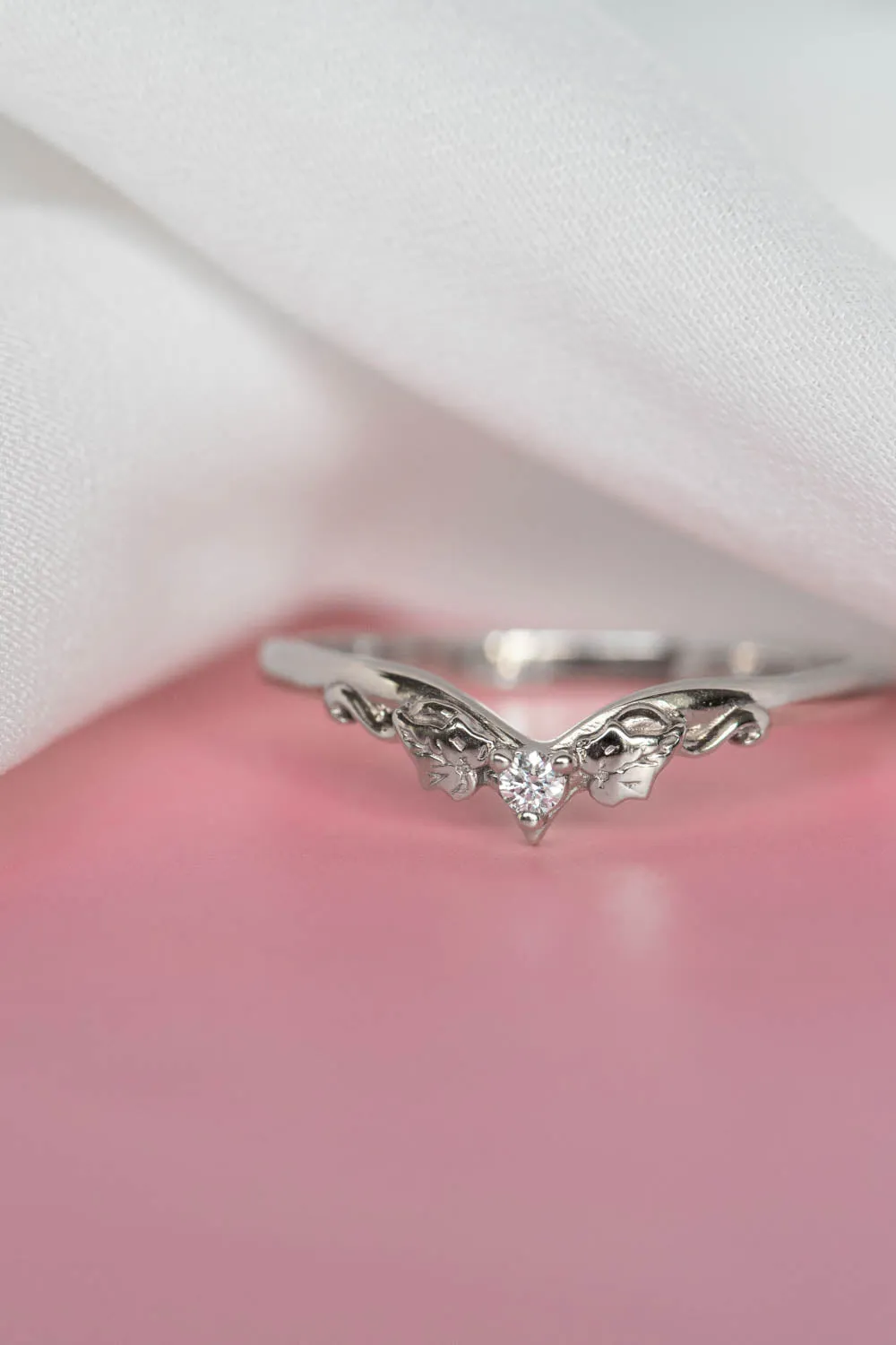 White gold lab grown diamond bridal ring set, gold leaves engagement and wedding rings / Ariadne