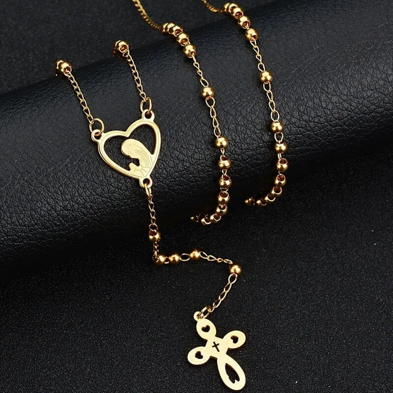 WWJD Stainless Steel Blessed Virgin Mary Cross Heart Necklace